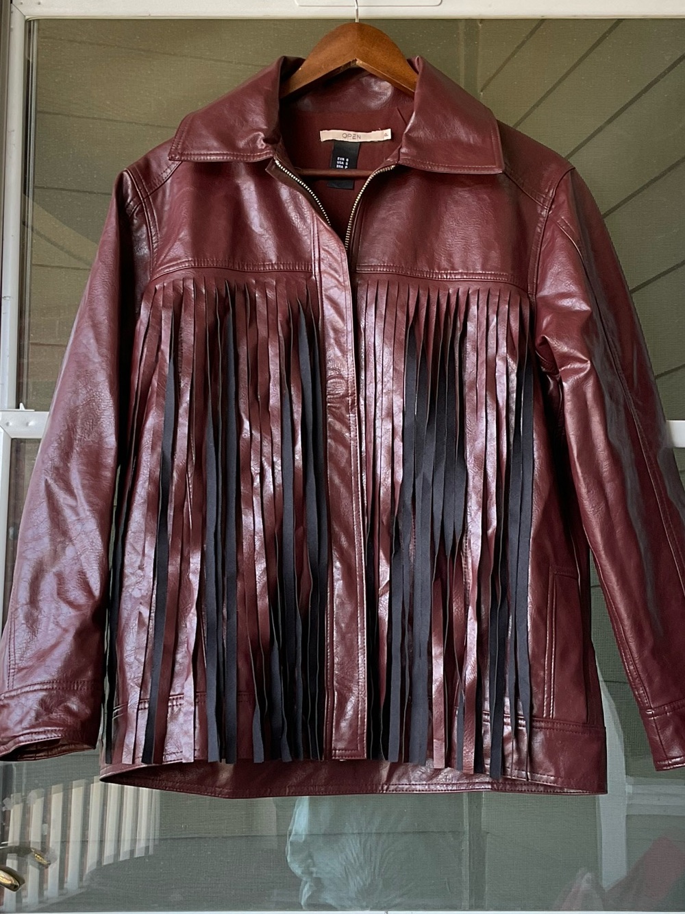 OPEN Burgundy Fringe Festival Faux Leather Jacket